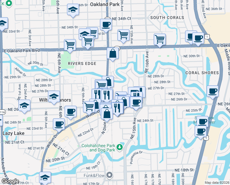 map of restaurants, bars, coffee shops, grocery stores, and more near 2725 Northeast 14th Avenue in Oakland Park