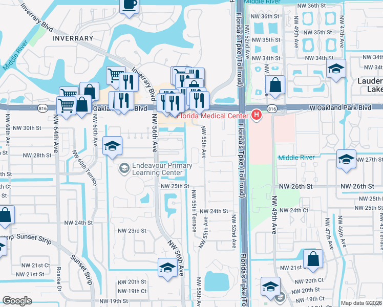 map of restaurants, bars, coffee shops, grocery stores, and more near 2799 Northwest 55th Avenue in Lauderhill