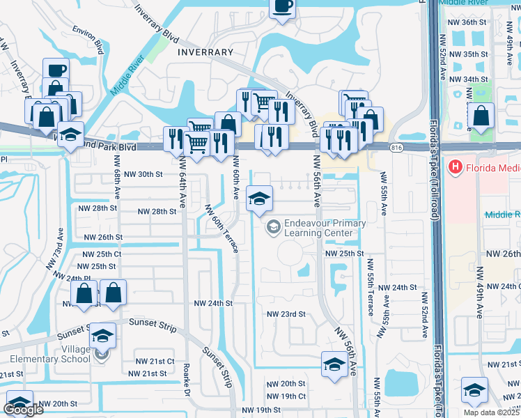 map of restaurants, bars, coffee shops, grocery stores, and more near 2768 Northwest 58th Terrace in Lauderhill