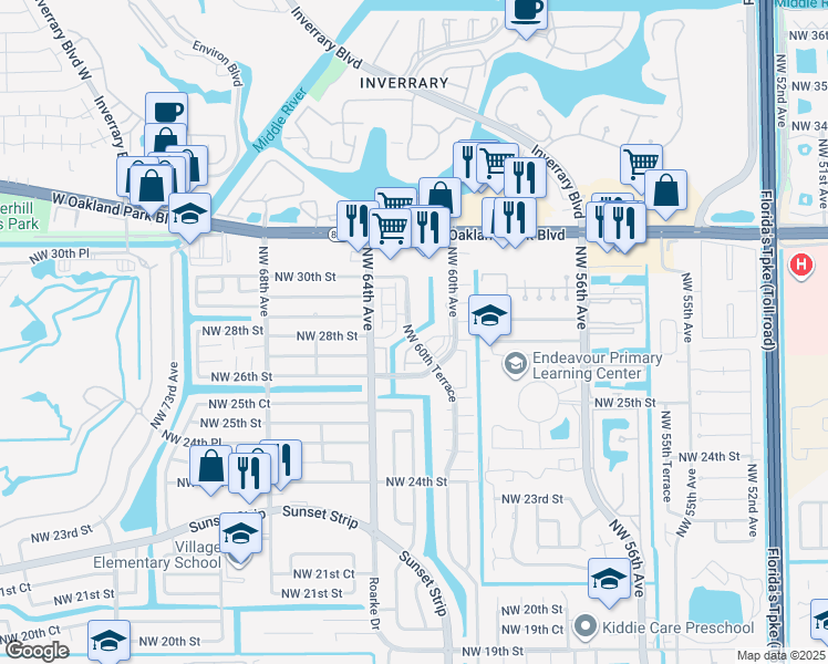 map of restaurants, bars, coffee shops, grocery stores, and more near 2802 Northwest 60th Terrace in Sunrise
