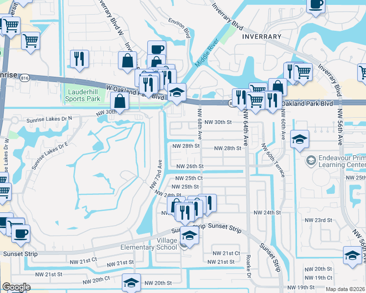 map of restaurants, bars, coffee shops, grocery stores, and more near 6851 Northwest 28th Street in Sunrise
