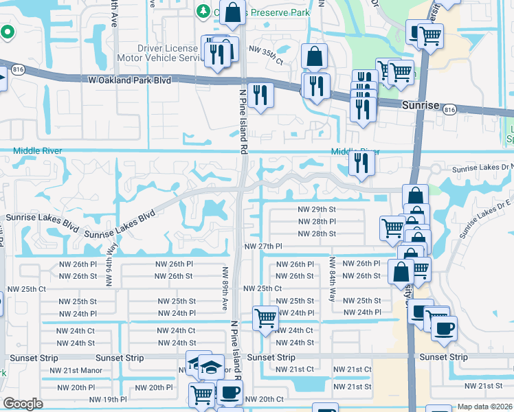 map of restaurants, bars, coffee shops, grocery stores, and more near 2900 North Pine Island Road in Sunrise