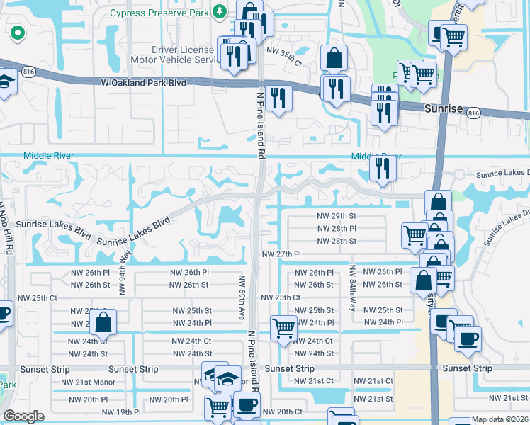 map of restaurants, bars, coffee shops, grocery stores, and more near in Sunrise