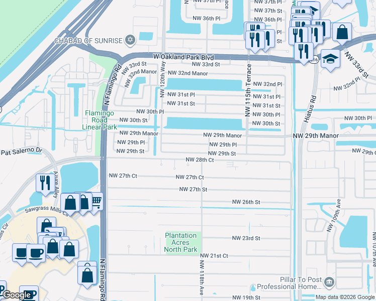 map of restaurants, bars, coffee shops, grocery stores, and more near 11831 Northwest 29th Place in Sunrise