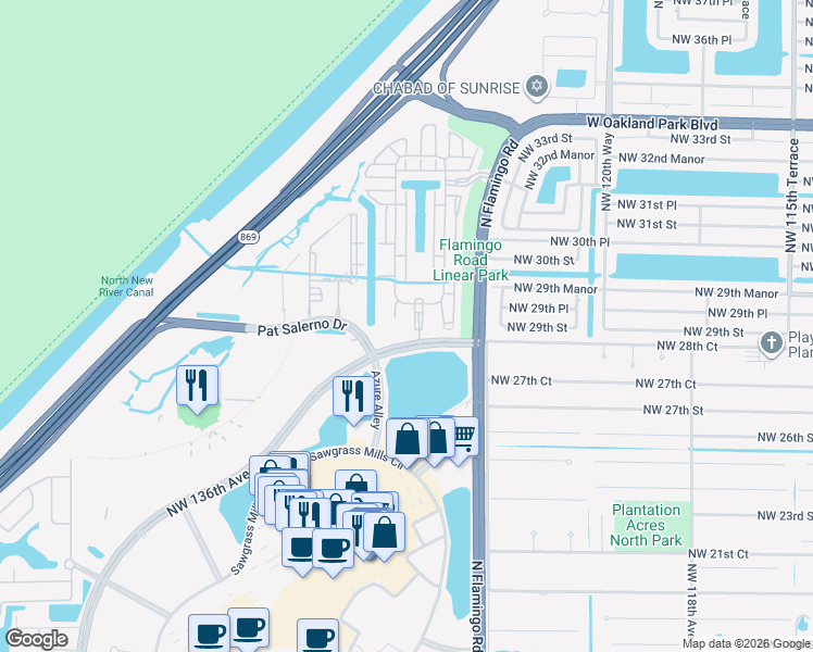 map of restaurants, bars, coffee shops, grocery stores, and more near 2925 Northwest 126th Avenue in Sunrise