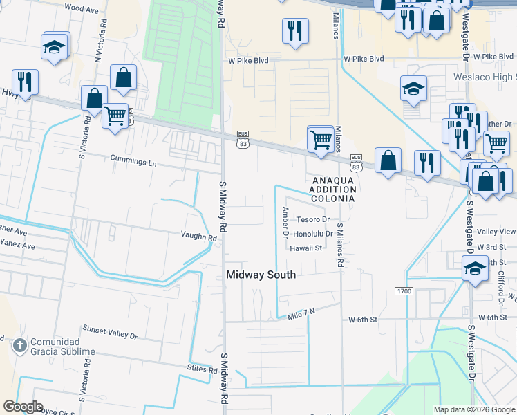 map of restaurants, bars, coffee shops, grocery stores, and more near 120 Midway Road in Weslaco