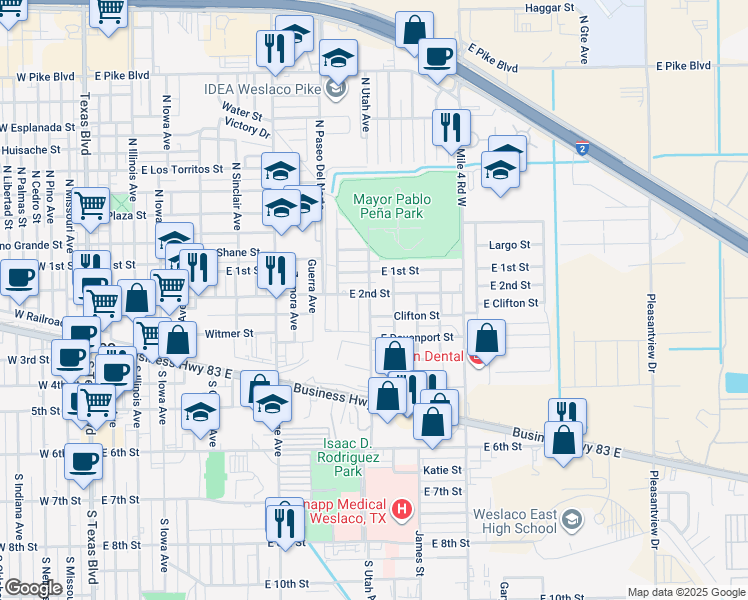 map of restaurants, bars, coffee shops, grocery stores, and more near 201 South Utah Avenue in Weslaco
