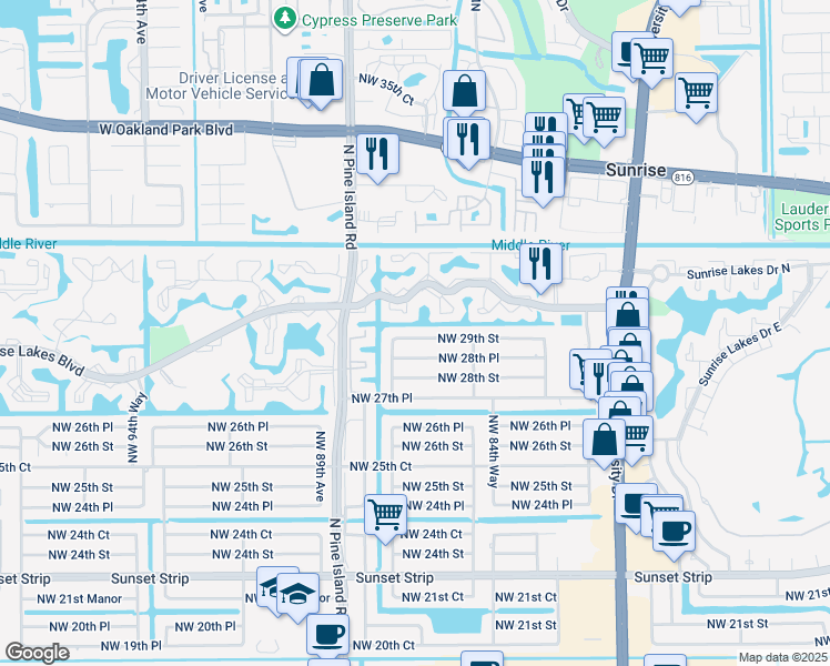 map of restaurants, bars, coffee shops, grocery stores, and more near 8651 Northwest 29th Street in Sunrise