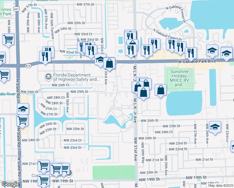 map of restaurants, bars, coffee shops, grocery stores, and more near 2821 Somerset Drive in Lauderdale Lakes