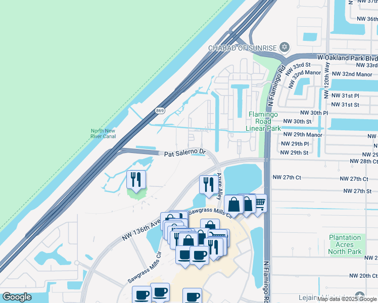 map of restaurants, bars, coffee shops, grocery stores, and more near Pat Salerno Drive in Sunrise