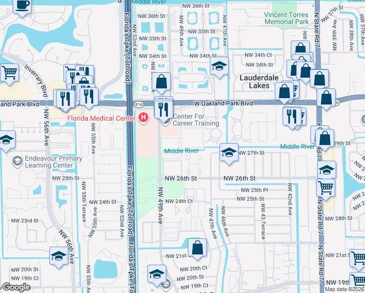 map of restaurants, bars, coffee shops, grocery stores, and more near 811 Northwest 48th Terrace in Lauderdale Lakes