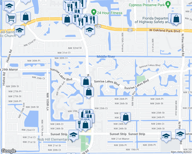 map of restaurants, bars, coffee shops, grocery stores, and more near 2828 Northwest 99th Terrace in Sunrise