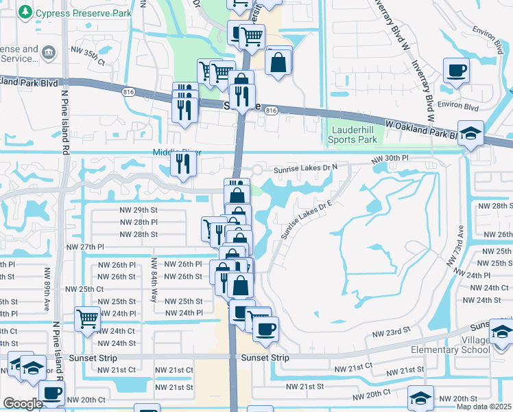 map of restaurants, bars, coffee shops, grocery stores, and more near 2900 Sunrise Lakes Drive East in Sunrise