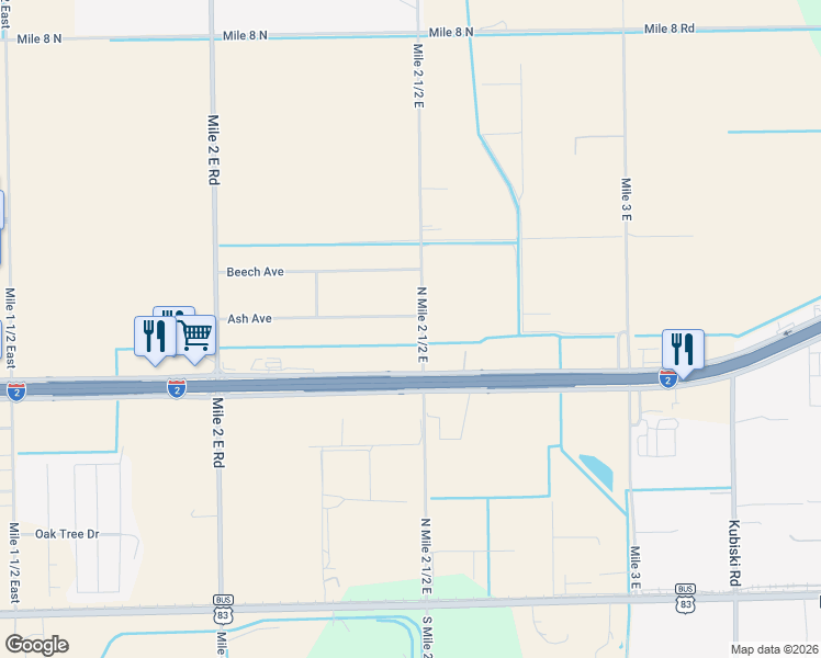 map of restaurants, bars, coffee shops, grocery stores, and more near 3045 Ash Ave in Mercedes