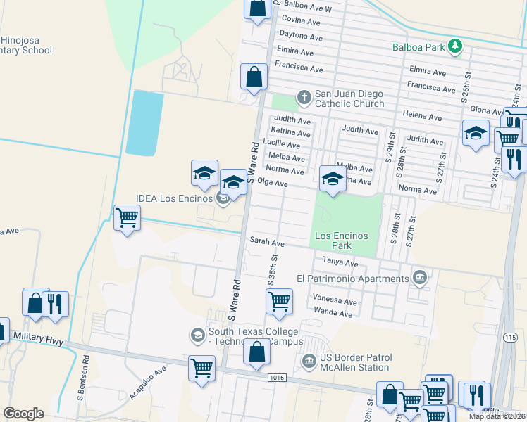 map of restaurants, bars, coffee shops, grocery stores, and more near 3601 Queta Avenue in McAllen