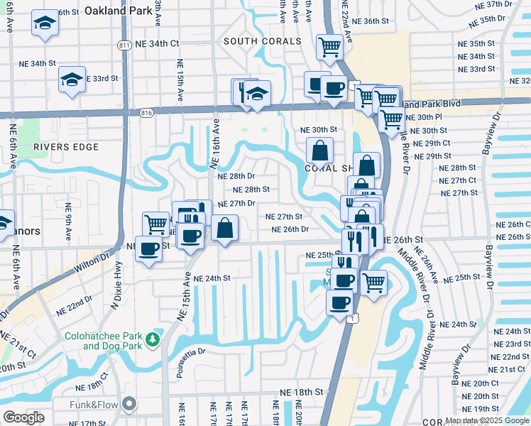 map of restaurants, bars, coffee shops, grocery stores, and more near 1743 Northeast 27th Street in Wilton Manors