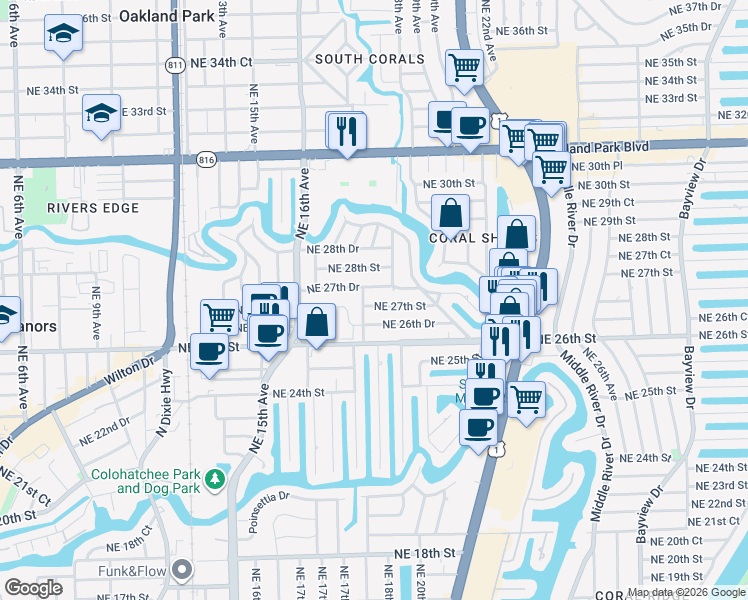 map of restaurants, bars, coffee shops, grocery stores, and more near 1743 Northeast 27th Street in Wilton Manors