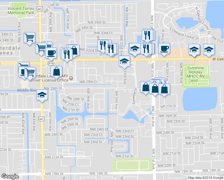 map of restaurants, bars, coffee shops, grocery stores, and more near 3404 Northwest 29th Street in Lauderdale Lakes