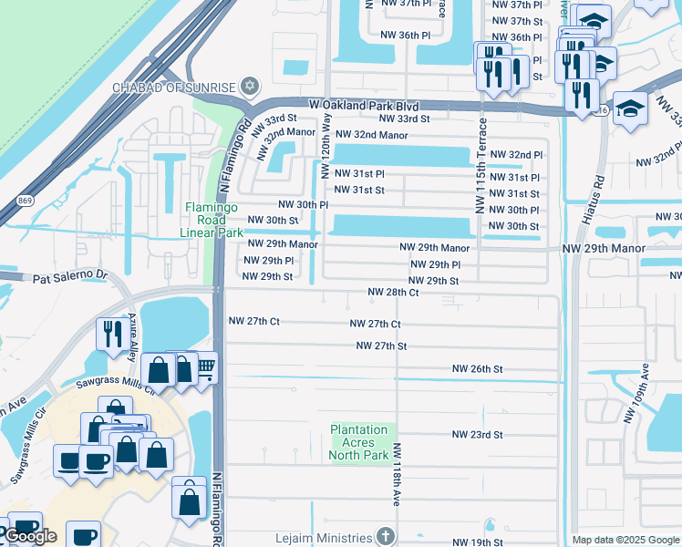 map of restaurants, bars, coffee shops, grocery stores, and more near 12011 Northwest 29th Street in Sunrise