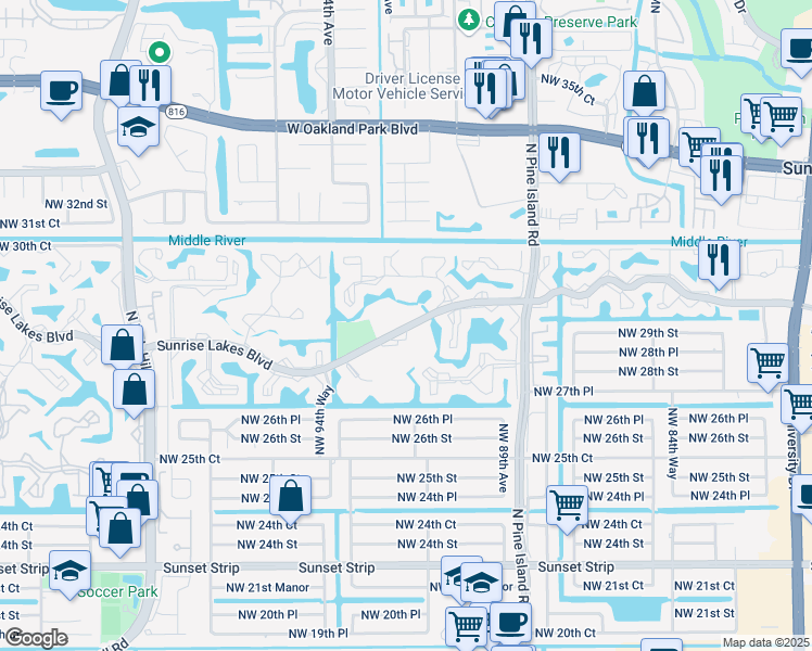 map of restaurants, bars, coffee shops, grocery stores, and more near 9319 Sunrise Lakes Boulevard in Sunrise