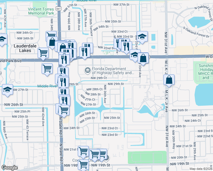 map of restaurants, bars, coffee shops, grocery stores, and more near 3590 Northwest 29th Street in Lauderdale Lakes