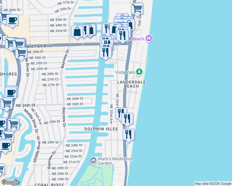 map of restaurants, bars, coffee shops, grocery stores, and more near 26 Northeast 32nd Avenue in Fort Lauderdale