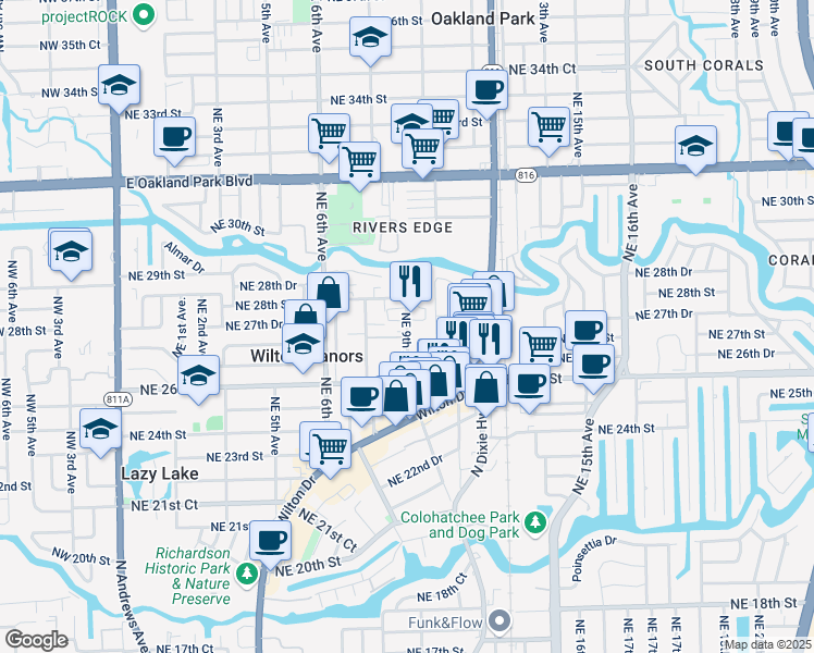 map of restaurants, bars, coffee shops, grocery stores, and more near 2702 1/2 Northeast 9th Avenue in Wilton Manors