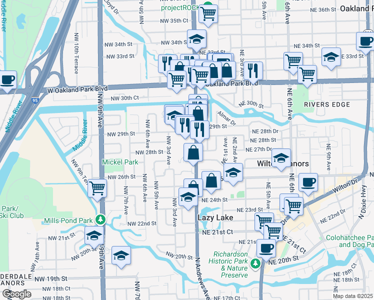 map of restaurants, bars, coffee shops, grocery stores, and more near in Wilton Manors