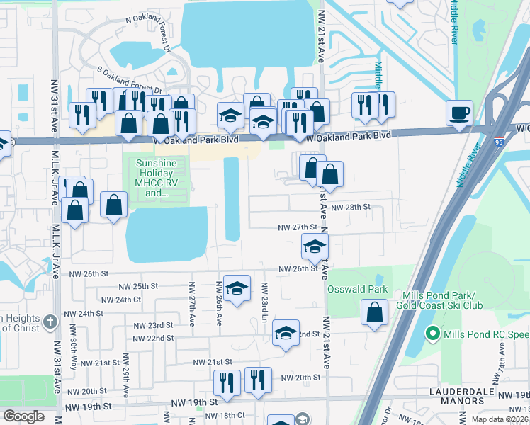 map of restaurants, bars, coffee shops, grocery stores, and more near 2351 Northwest 28th Street in Oakland Park