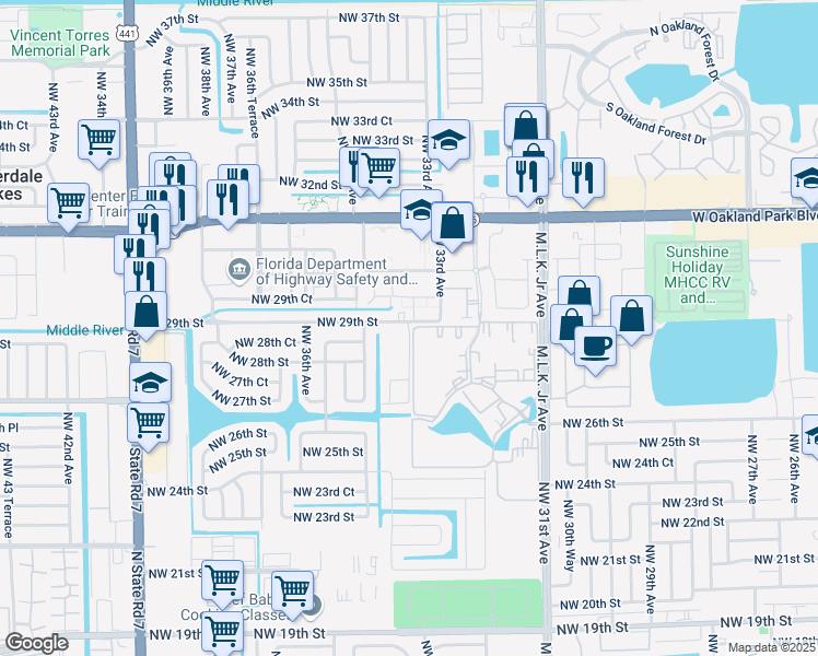 map of restaurants, bars, coffee shops, grocery stores, and more near 3404 Northwest 29th Street in Lauderdale Lakes