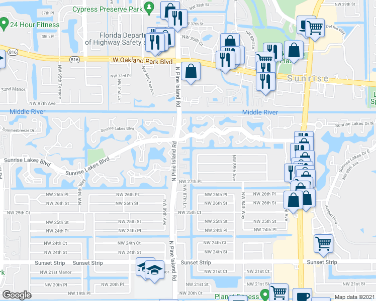 map of restaurants, bars, coffee shops, grocery stores, and more near 2900 North Pine Island Road in Sunrise