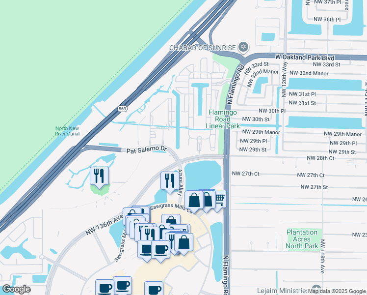 map of restaurants, bars, coffee shops, grocery stores, and more near 2925 Northwest 126th Avenue in Sunrise