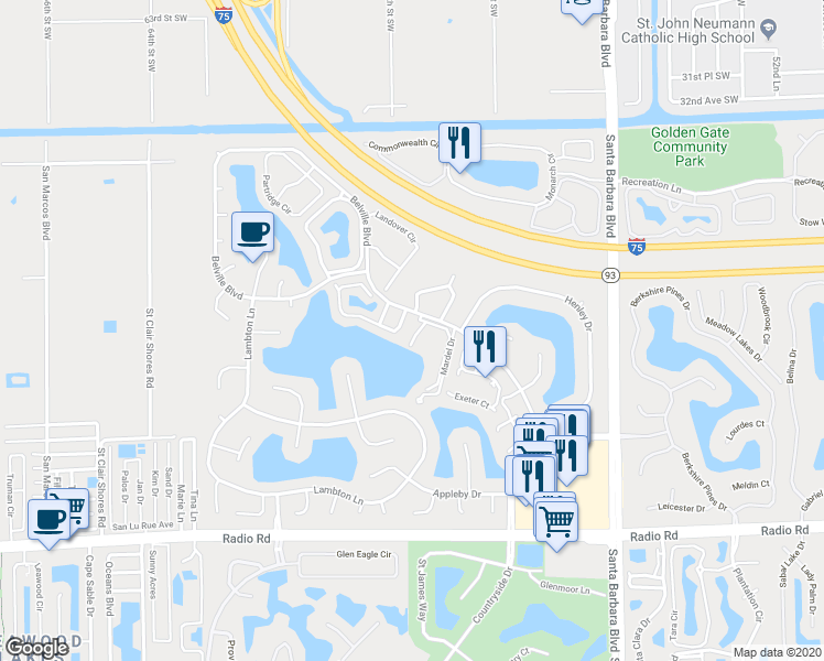 map of restaurants, bars, coffee shops, grocery stores, and more near 118 Mardel Court in Naples