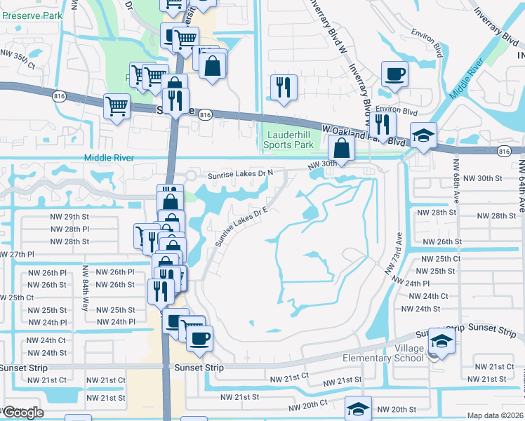 map of restaurants, bars, coffee shops, grocery stores, and more near 207 Sunrise Lakes Drive East in Sunrise