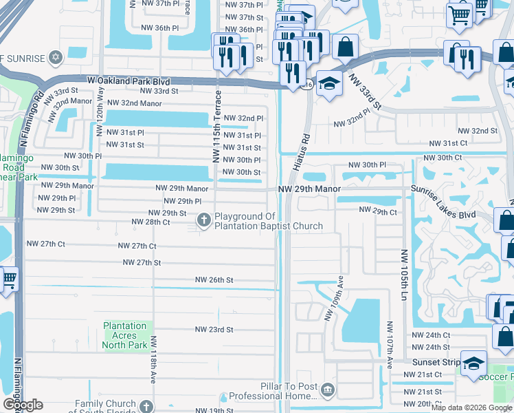 map of restaurants, bars, coffee shops, grocery stores, and more near 11320 Northwest 29th Place in Sunrise