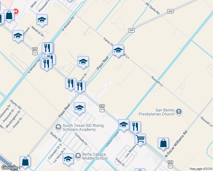 map of restaurants, bars, coffee shops, grocery stores, and more near 2280 U.S. 77 Business in San Benito