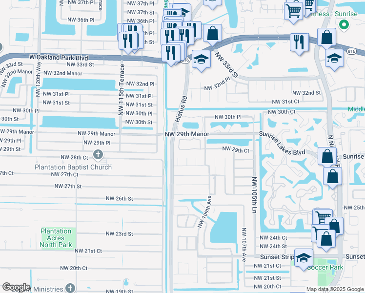 map of restaurants, bars, coffee shops, grocery stores, and more near 10955 Northwest 29th Court in Sunrise