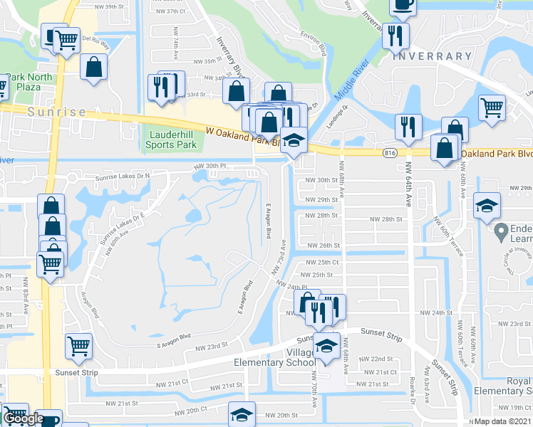 map of restaurants, bars, coffee shops, grocery stores, and more near 2751-3 East Aragon Boulevard in Sunrise