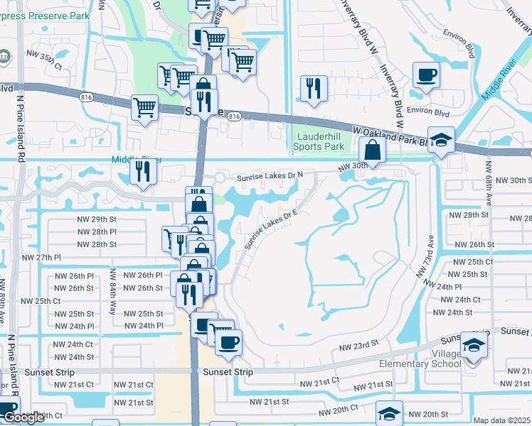 map of restaurants, bars, coffee shops, grocery stores, and more near 2951 Sunrise Lakes Drive East in Sunrise