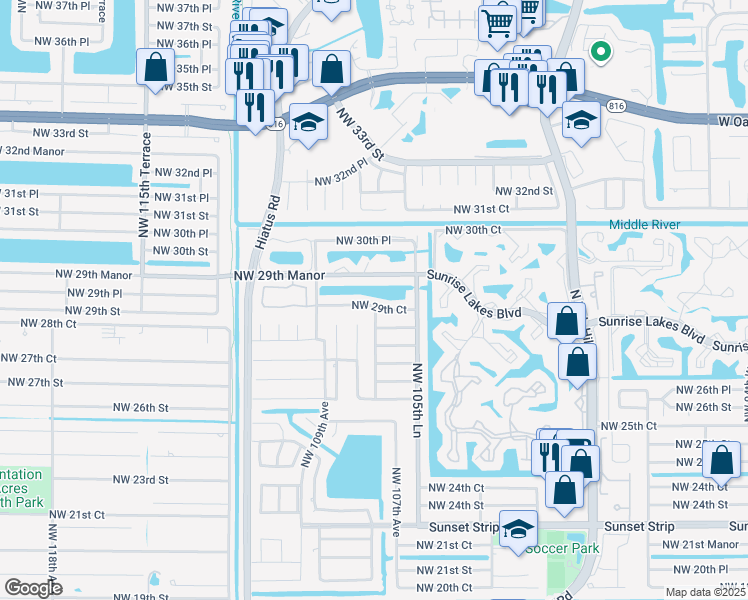 map of restaurants, bars, coffee shops, grocery stores, and more near 10741 Northwest 29th Court in Sunrise