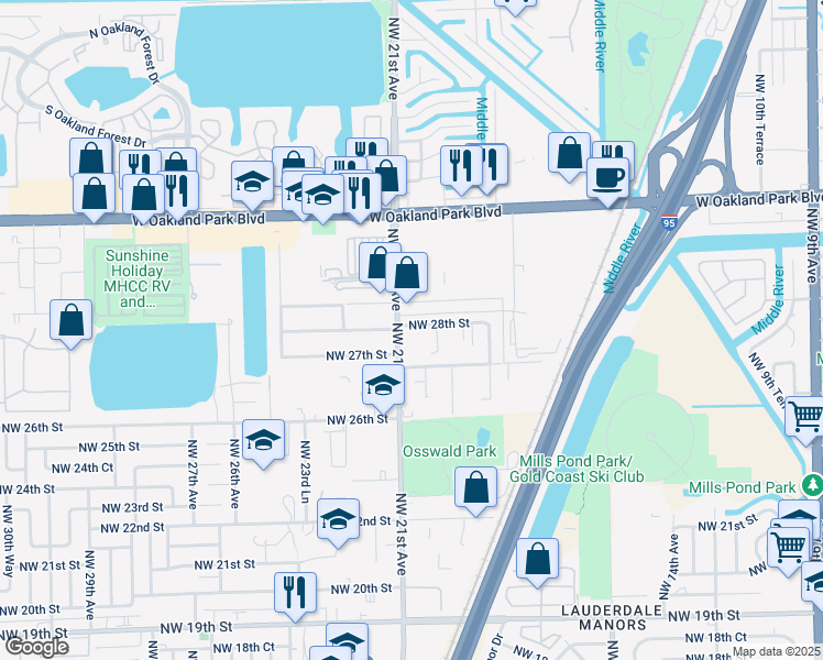 map of restaurants, bars, coffee shops, grocery stores, and more near 2740 Northwest 21st Avenue in Oakland Park