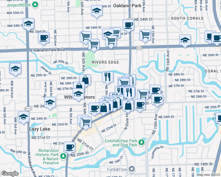 map of restaurants, bars, coffee shops, grocery stores, and more near 2702 1/2 Northeast 9th Avenue in Wilton Manors