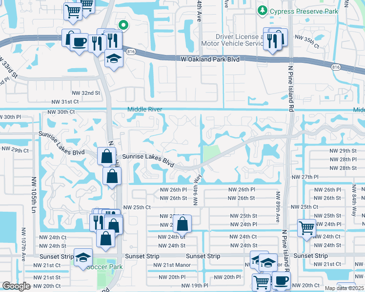 map of restaurants, bars, coffee shops, grocery stores, and more near 9501 Sunrise Lakes Boulevard in Sunrise