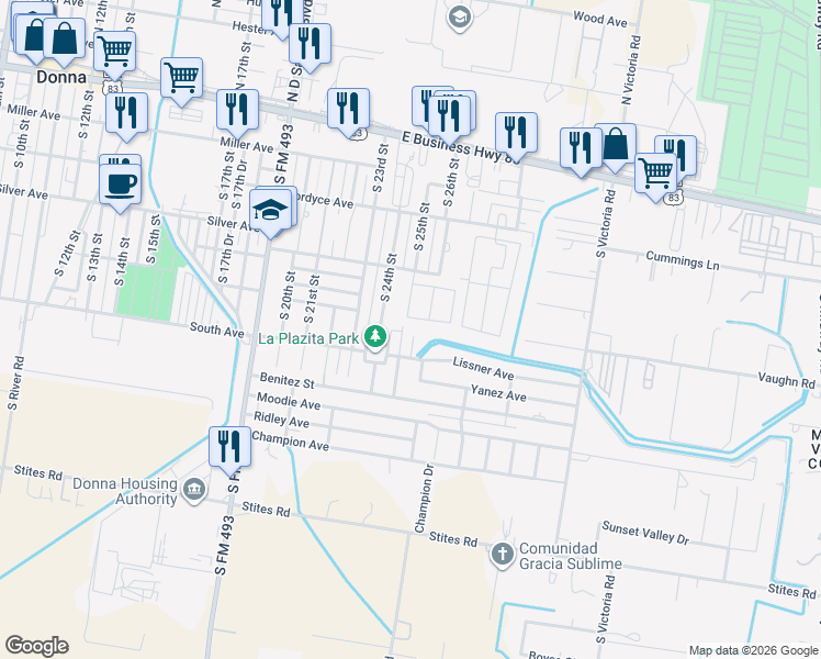 map of restaurants, bars, coffee shops, grocery stores, and more near 602 South 25th Street in Donna