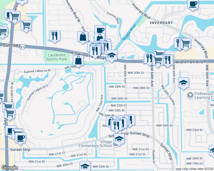 map of restaurants, bars, coffee shops, grocery stores, and more near 6901 Northwest 28th Street in Sunrise