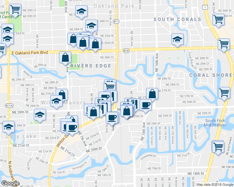 map of restaurants, bars, coffee shops, grocery stores, and more near 2720 North Dixie Highway in Wilton Manors