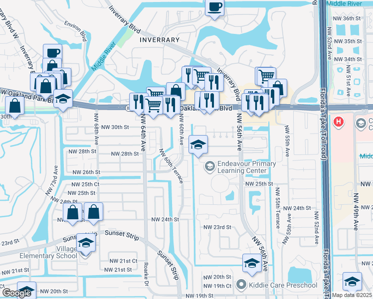 map of restaurants, bars, coffee shops, grocery stores, and more near 5978 Northwest 28th Street in Sunrise