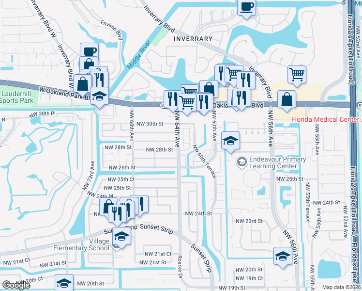 map of restaurants, bars, coffee shops, grocery stores, and more near 2809 Northwest 63rd Tr in Sunrise
