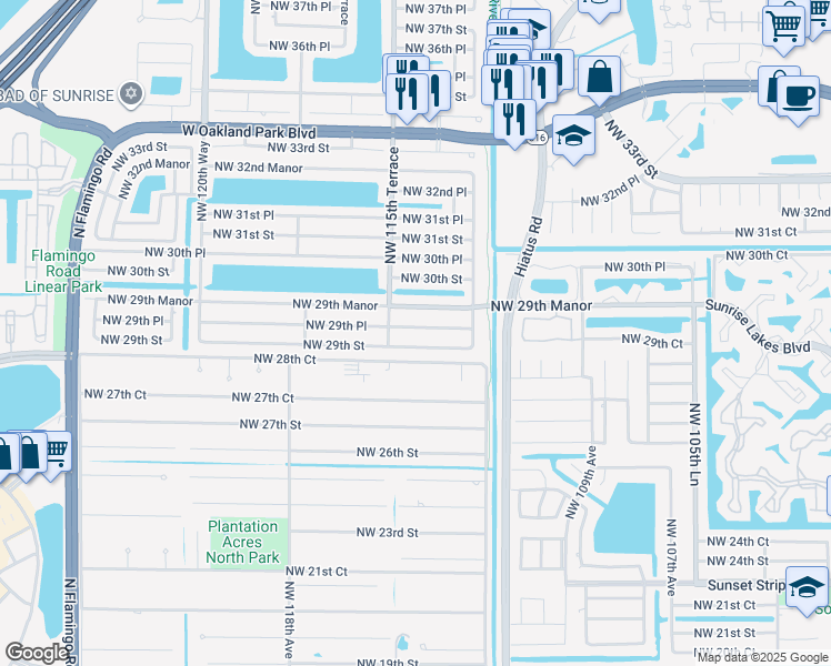 map of restaurants, bars, coffee shops, grocery stores, and more near 11430 Northwest 29th Place in Sunrise