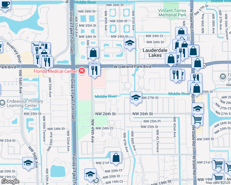 map of restaurants, bars, coffee shops, grocery stores, and more near 627 Northwest 48th Avenue in Lauderdale Lakes